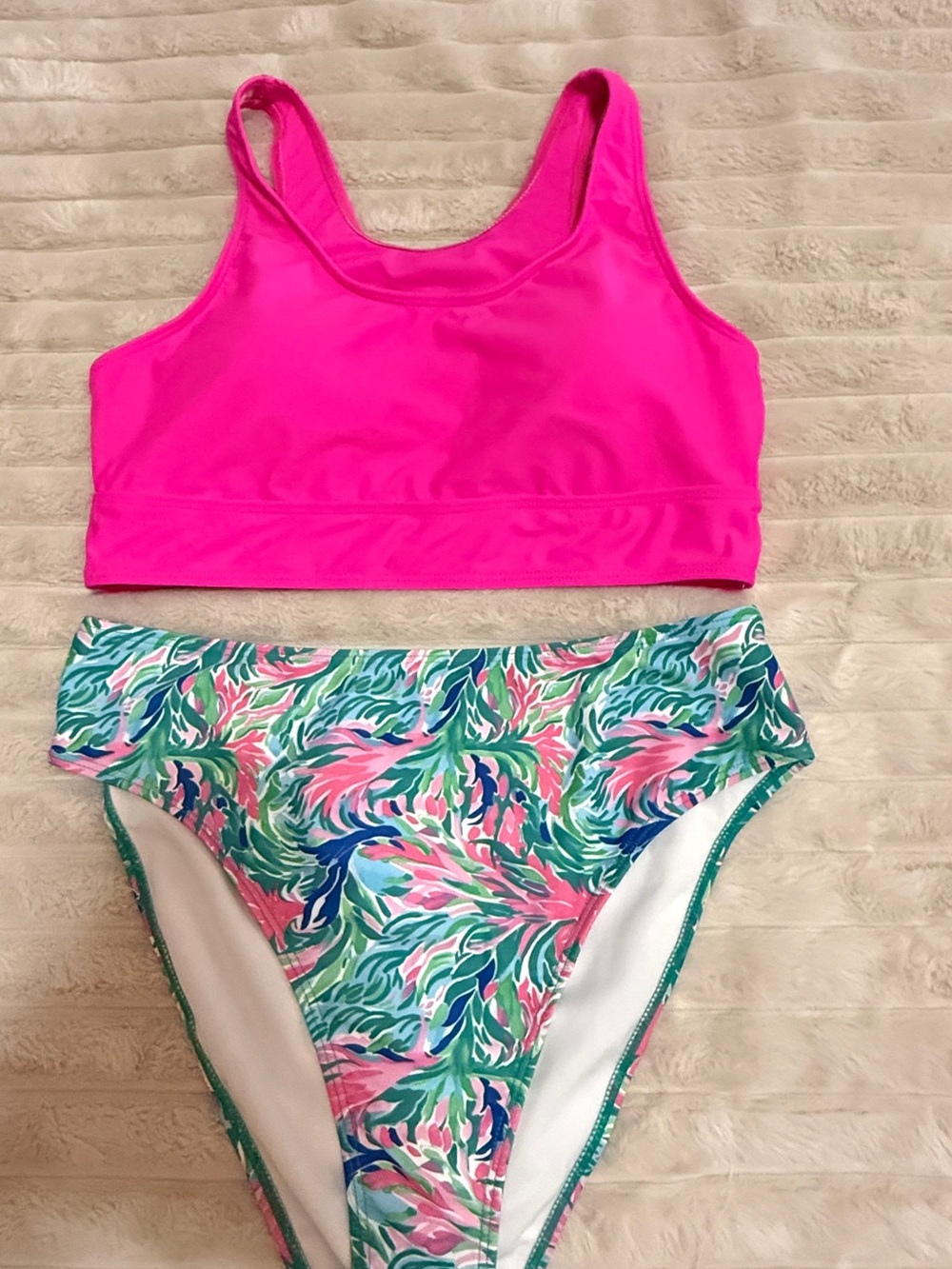 Women’s Hot Pink Tankini Top with Tropical Print Bottom